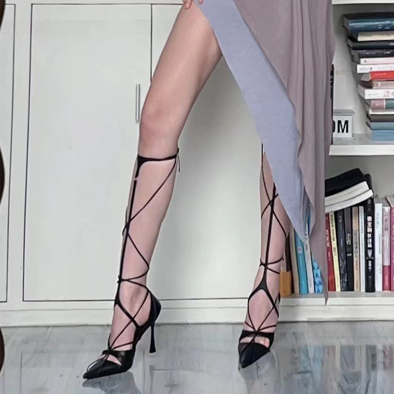 Women's Summer Pointed Toe Chunky Sexy Cross Strap Versatile Roman Style Sandals