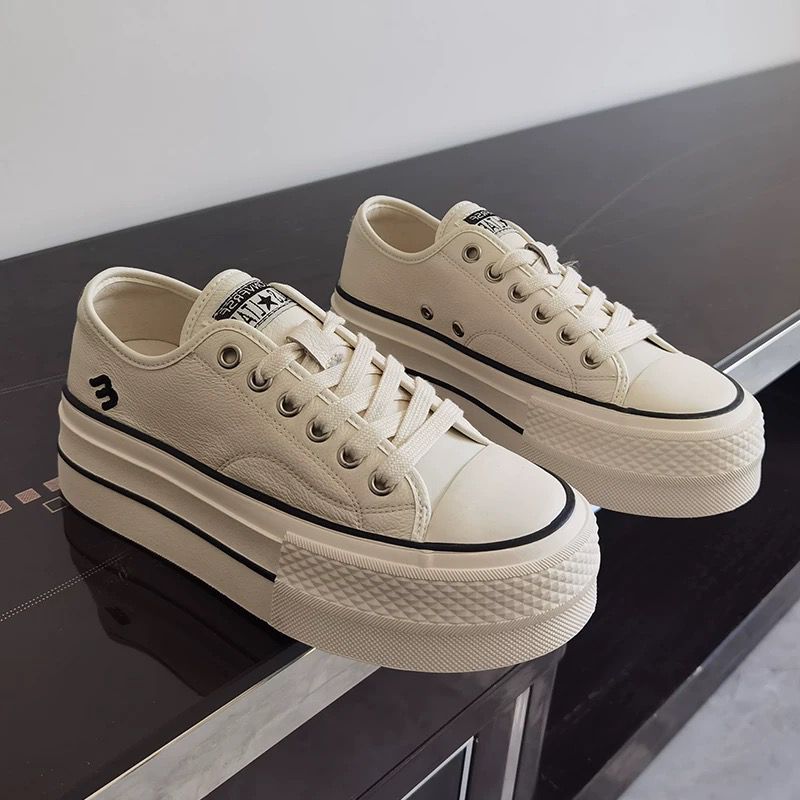 Women's Genuine Platform White Spring Lace Up Sneakers
