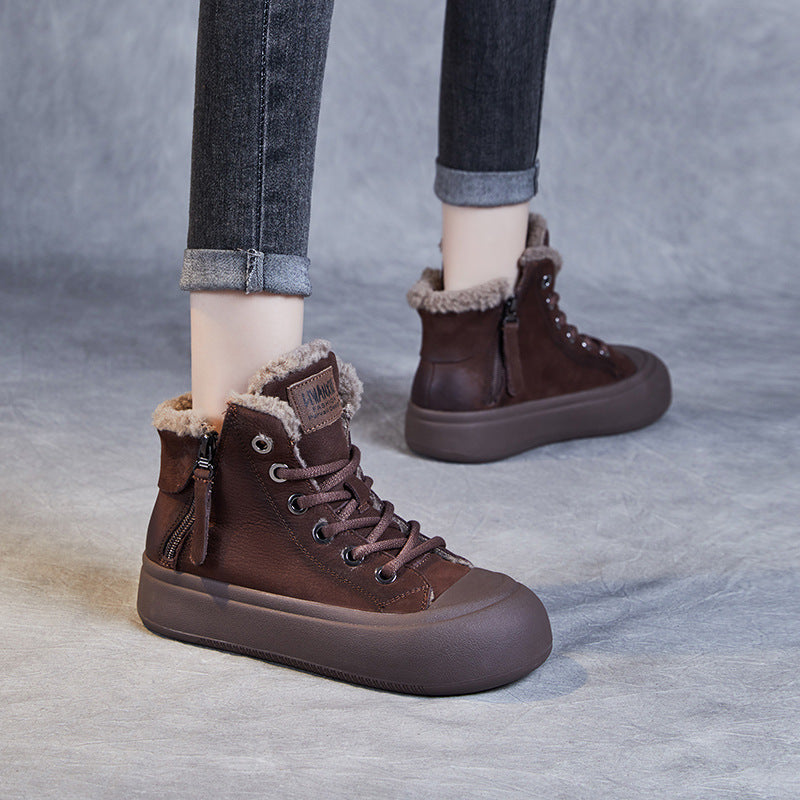 Women's First Layer Cowhide Vintage Double Zipper Short Women's Shoes