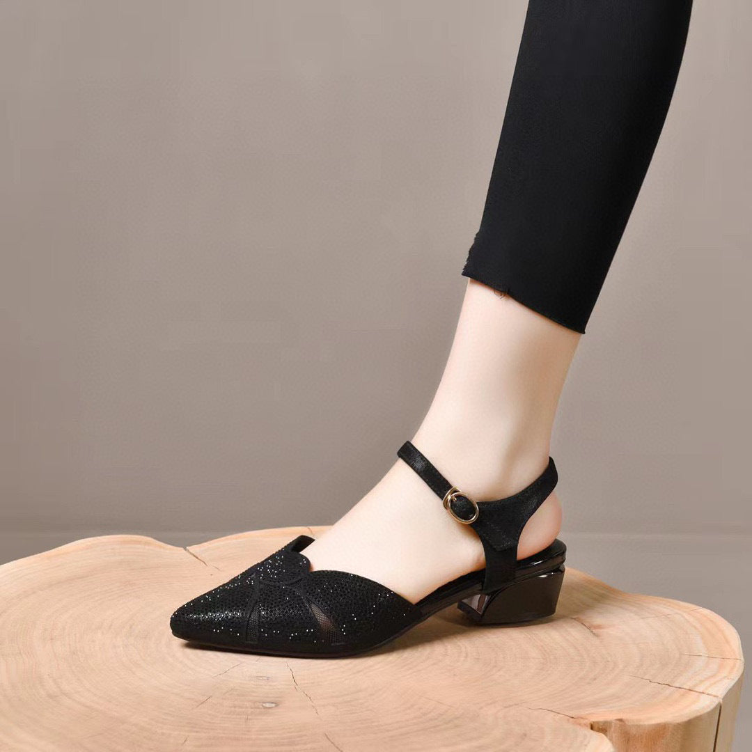 Women's Pointed Toe Summer Sheepskin Rhinestone Buckle Sandals