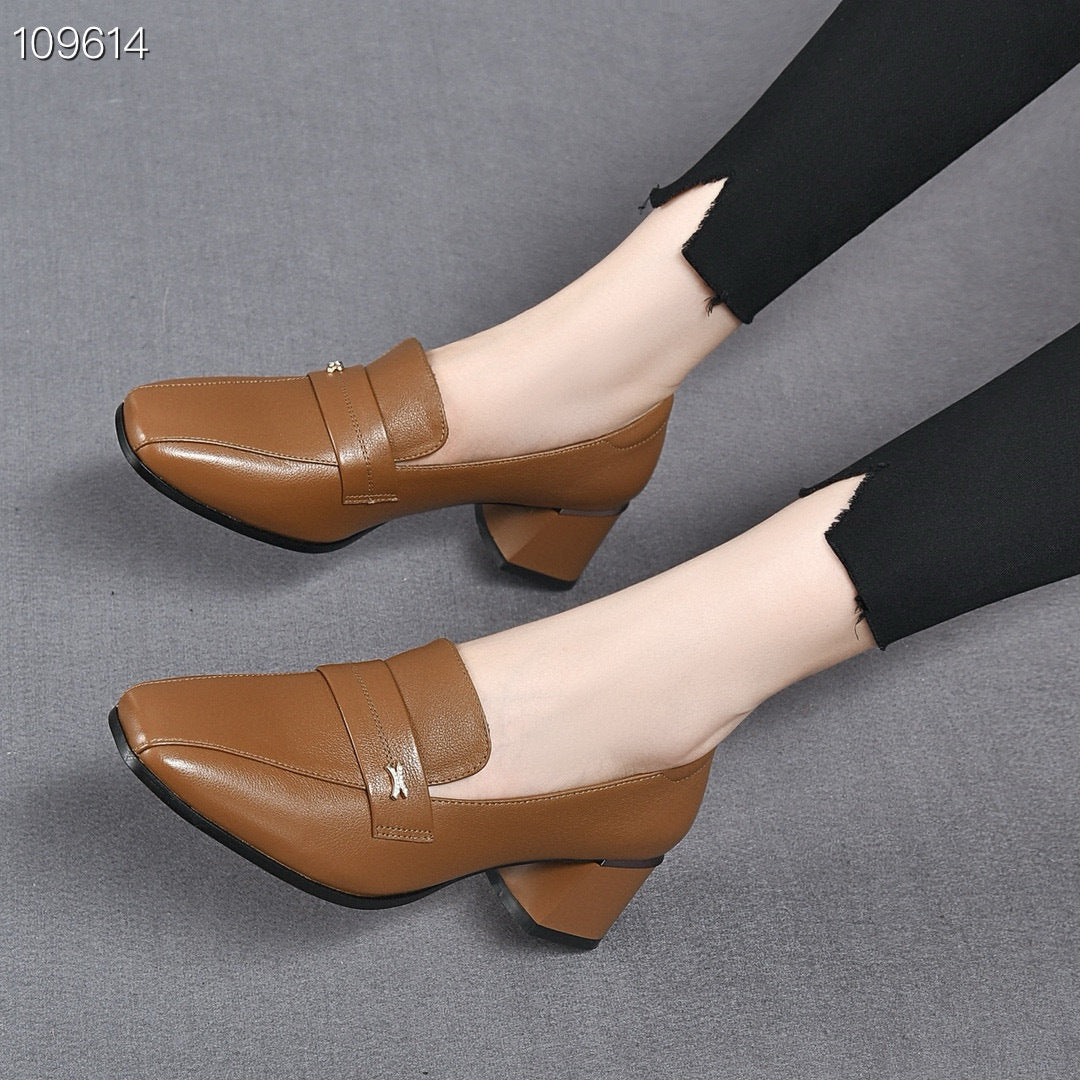 Women's Square Toe Chunky Pumps Soft British Style Heels