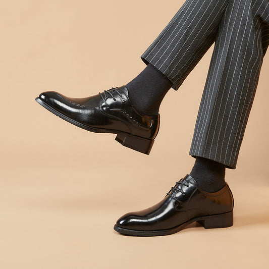 Men's Layer Cowhide Black Pointed Toe Business Leather Shoes