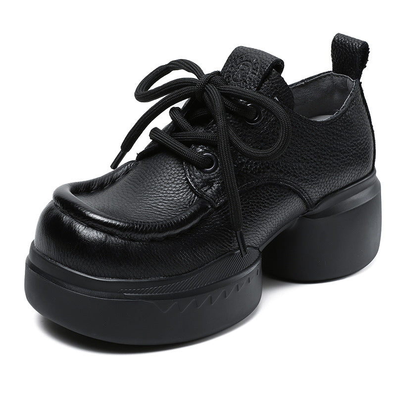 Women's Cowhide Platform Lace Up Round Toe Artistic Casual Shoes