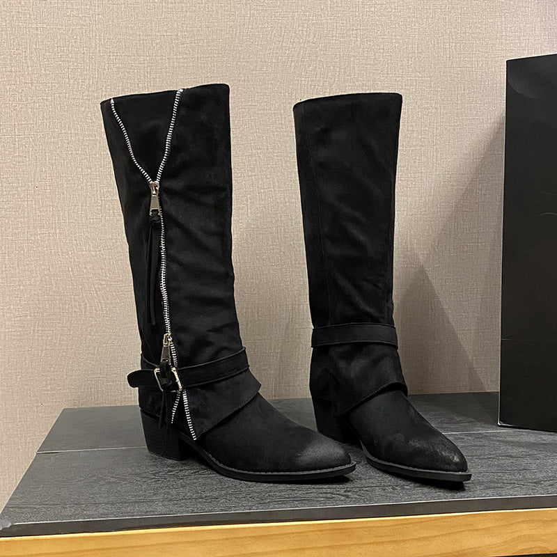 Women's Rub Colored Suede Belt Buckle Side Zipper Pile Style Knight Women's Leather Boots
