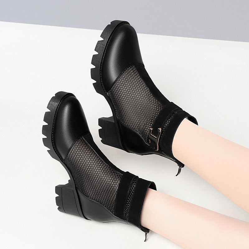 Women's Mesh Mid Chunky Pumps British Style Women's Shoes