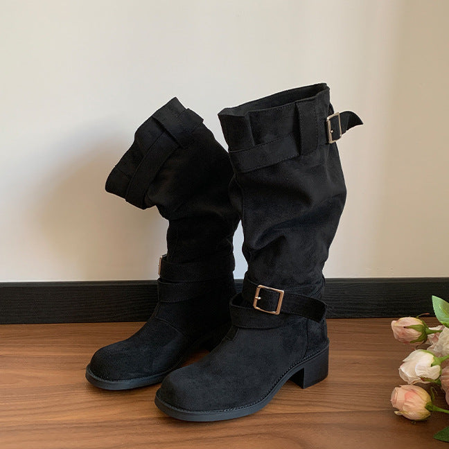 Round Head Chunky Pile Style Khaki Suede Below Boots