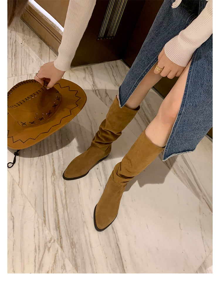 Women's Mom Retro Pointed Toe Chunky Western Denim Boots
