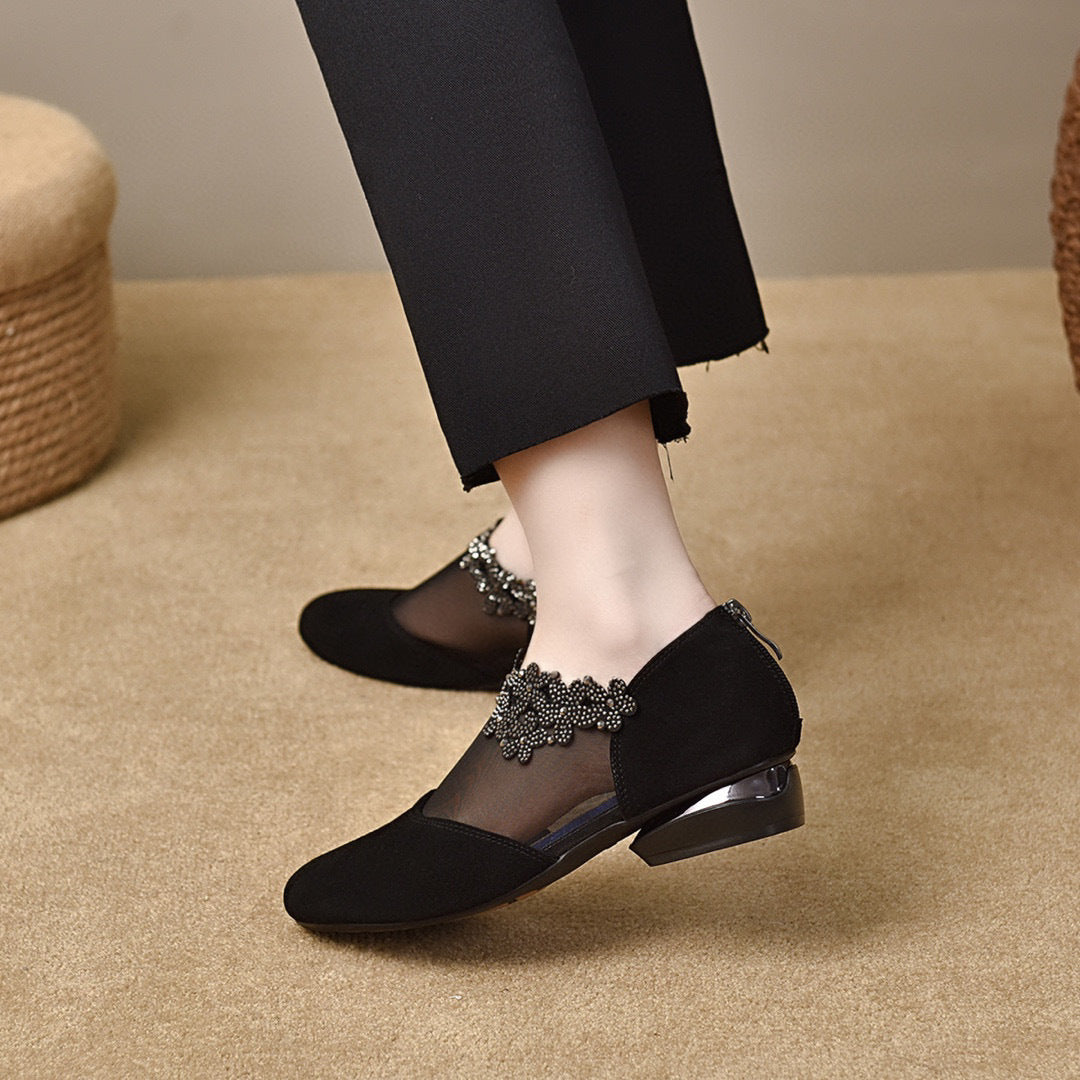 Women's Round Toe Mesh Black Sheepskin Flat Deep Mouth Flower Loafers