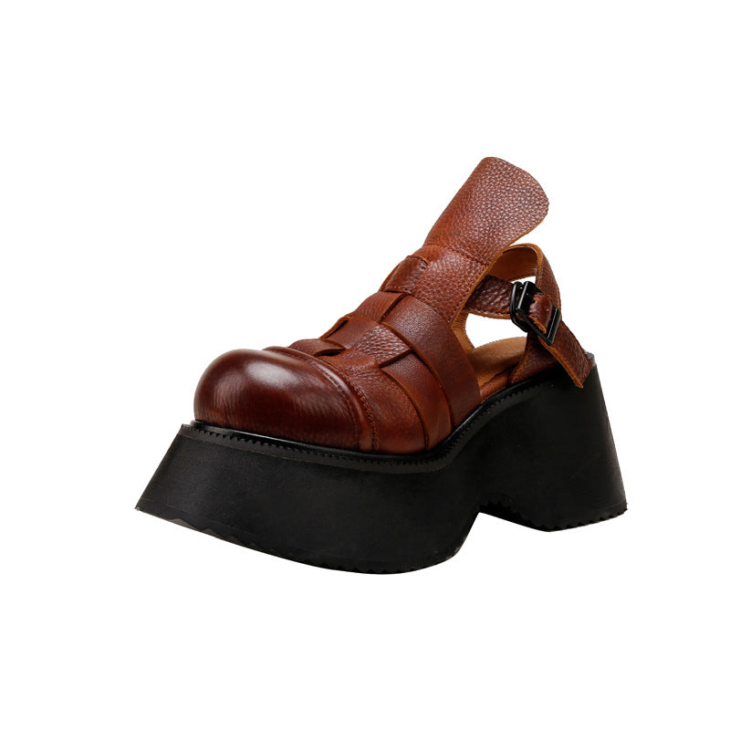 Women's Cowhide Woven Platform Comfortable Wedge Genuine Sandals