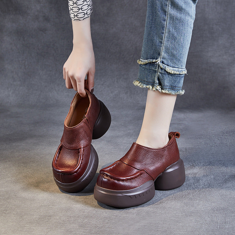 Women's Round Toe Top Layer Cowhide Muffin Slip-on Personality Art Casual Shoes
