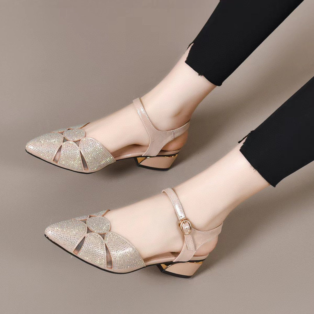 Women's Pointed Toe Summer Sheepskin Rhinestone Buckle Sandals
