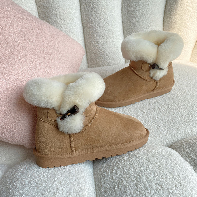 Women's Sheepskin Fur For Horn Button Warm Snow Boots