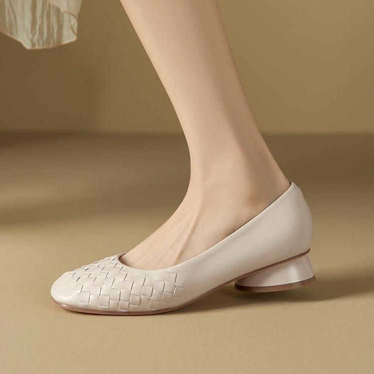 Women's Calf Skin Horseshoe Low Square Toe Soft Bottom Woven Women's Shoes