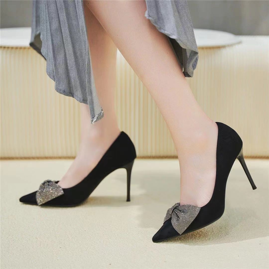 Women's High Pointed Stiletto Shallow Mouth Suede Rhinestones Bow Graceful Heels