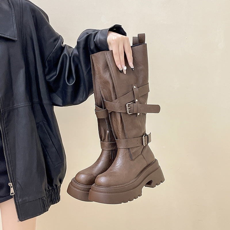 Women's Buckle Motorcycle Autumn Fashion Design Sense Small Thick Bottom Women's Leather Boots