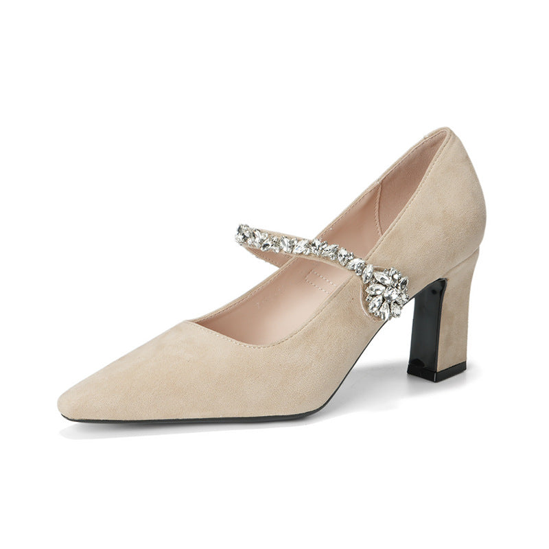 Women's French Style Temperament Crystal Mary Jane High Suede Women's Fashion Shoes