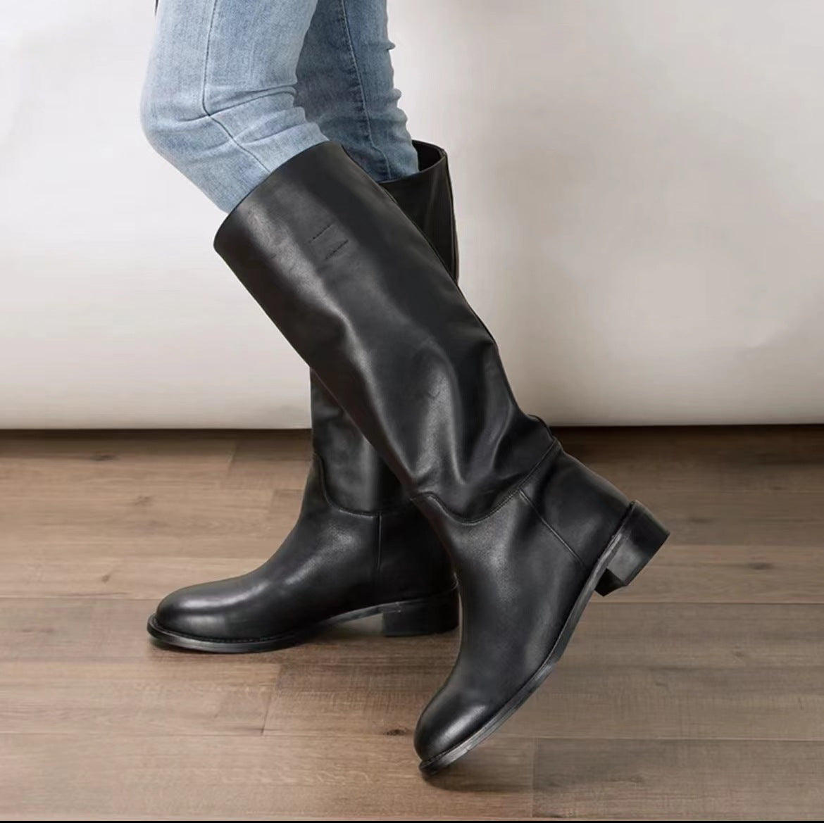 Women's Cowhide Version Korean Style Slimming Big Tube Circumference Tall Knight Women's Leather Boots