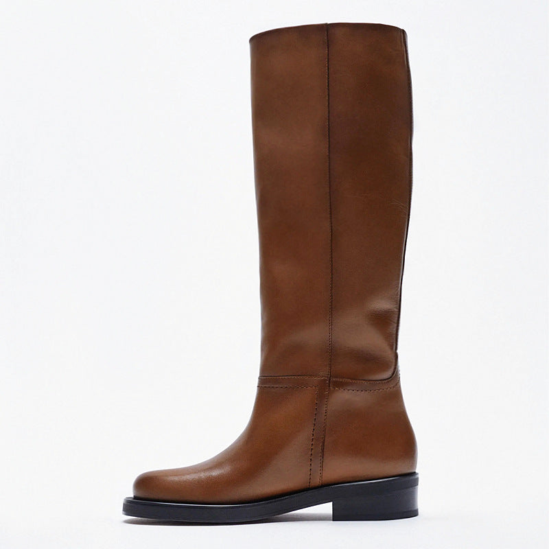 Women's Autumn Brown Vintage Cow Round Toe Boots