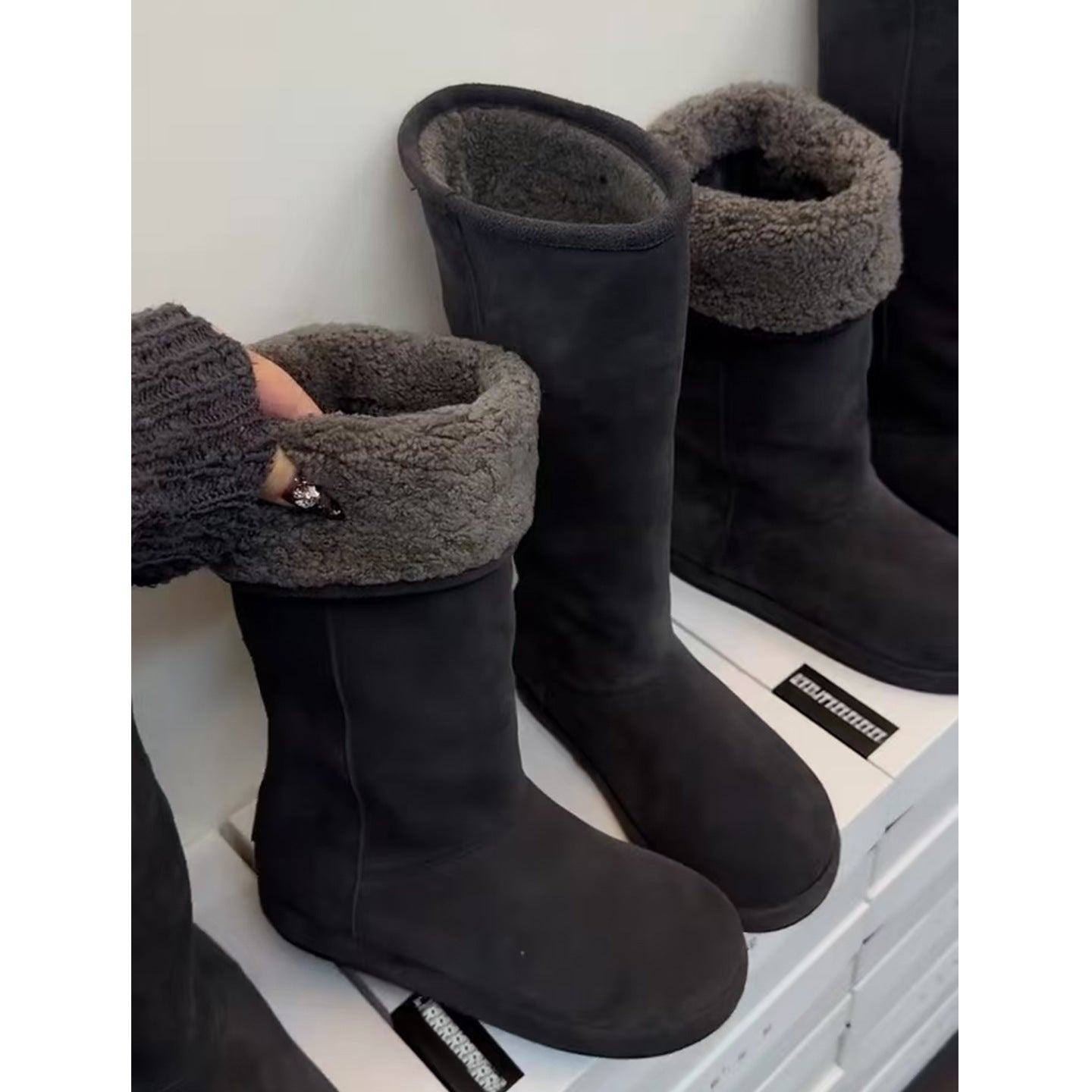Lamb Fur Thick Bottom Flanging Long Female Gray Fleece Women's Snow Boots