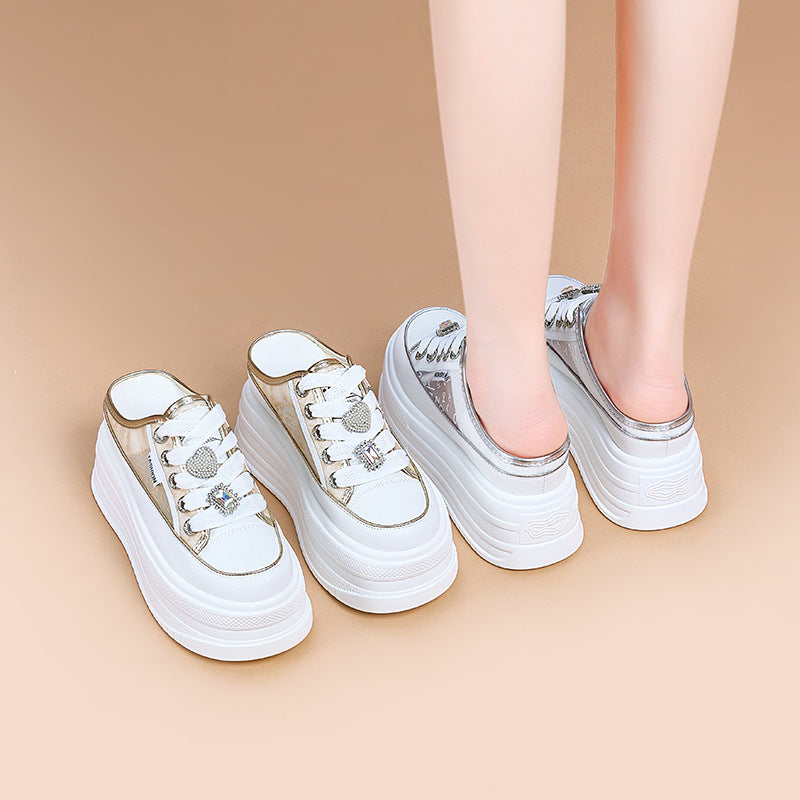 Women's Platform White Summer Breathable Half Genuine Slippers