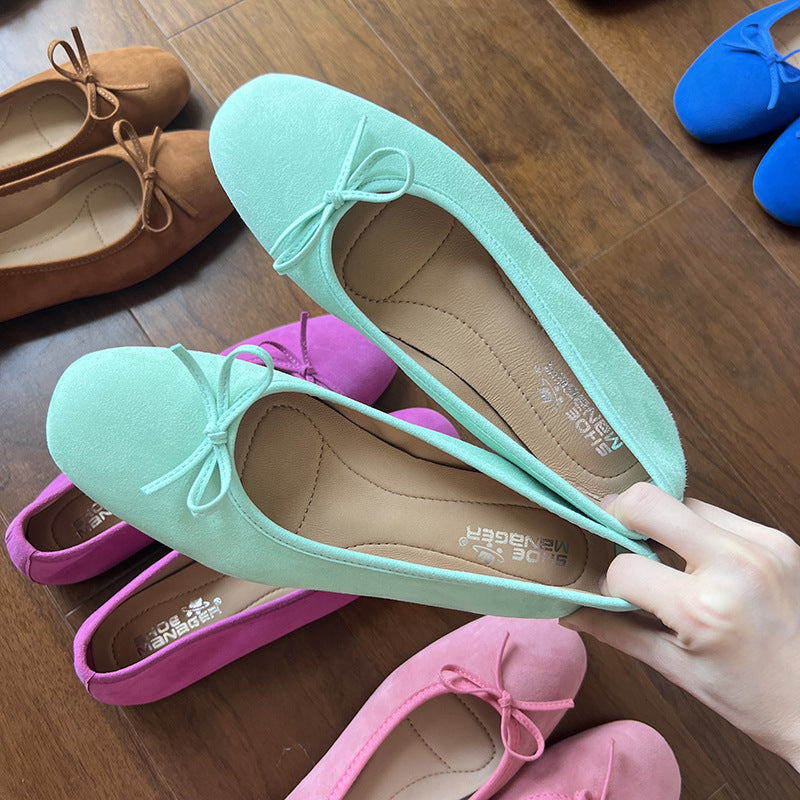 Women's Color Ballet Sheep Split Slip-on Bow Casual Shoes