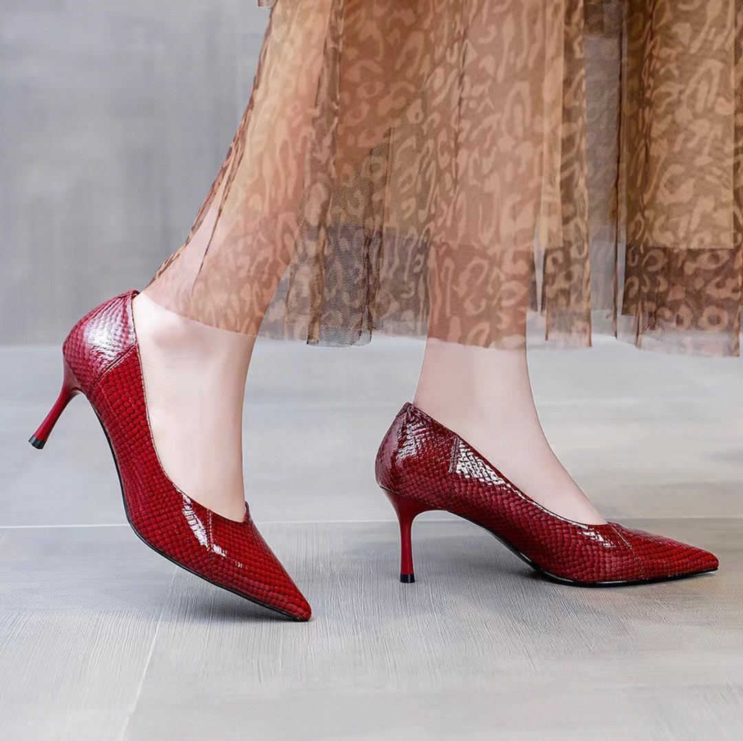 Women's High French Genuine Small Pumps Snakeskin Women's Shoes