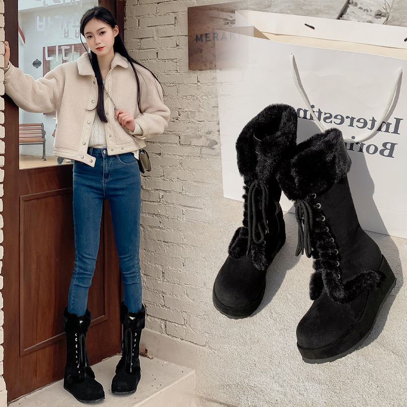 Women's Winter Retro Platform Fleece-lined Knight Thermal Middle Tube Snow Boots