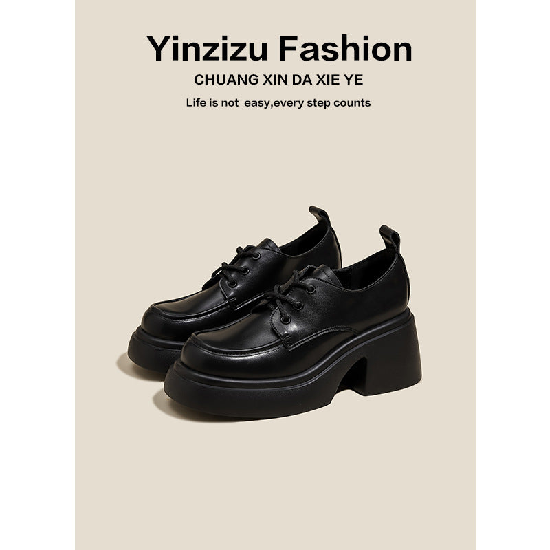 Women's British Style Single-layer Platform Chunky Black Women's Shoes