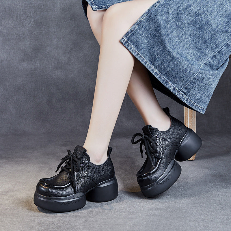 Women's Cowhide Platform Lace Up Round Toe Artistic Casual Shoes