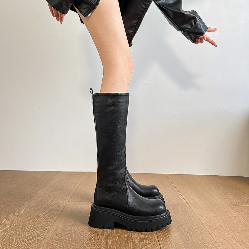 Style Niche Round Head Thick Bottom Female Small Chunky High Women's Leather Boots