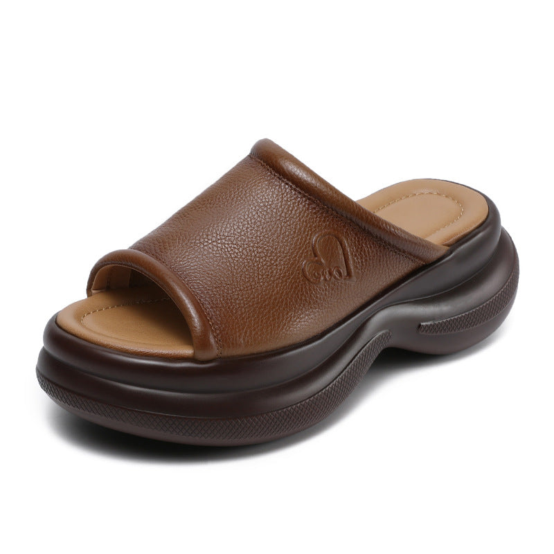 Women's Genuine Peep Toe Roman Platform Cowhide Retro Slippers