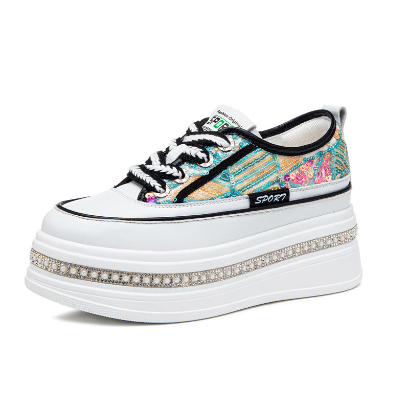 Women's Autumn Invisible Elevated Platform Lace Up White Sequined Fashion Small Women's Casual Shoes