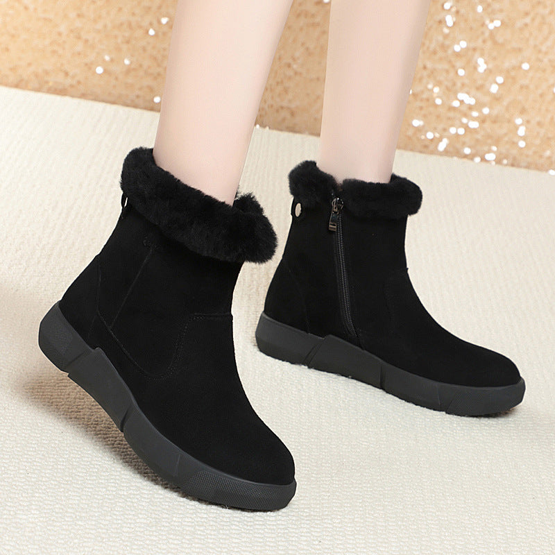 Women's Cattlehide Fashion Bootie Winter Fleece-lined Thickened Wool Women's Shoes