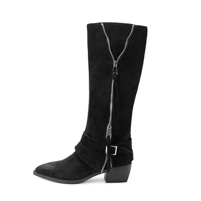 Women's Design Sense Niche Pointed Tassel Chunky Pantyhose Retro Women's Leather Boots