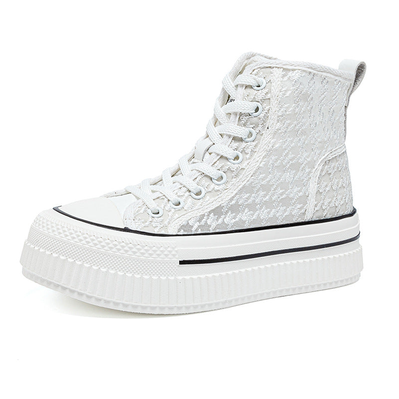 Women's High Top White Genuine Platform Round Toe Stitching Sneakers