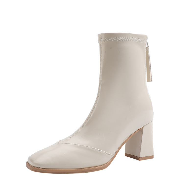 Toe Chunky Back Zipper Temperament Skinny Autumn Versatile Boots