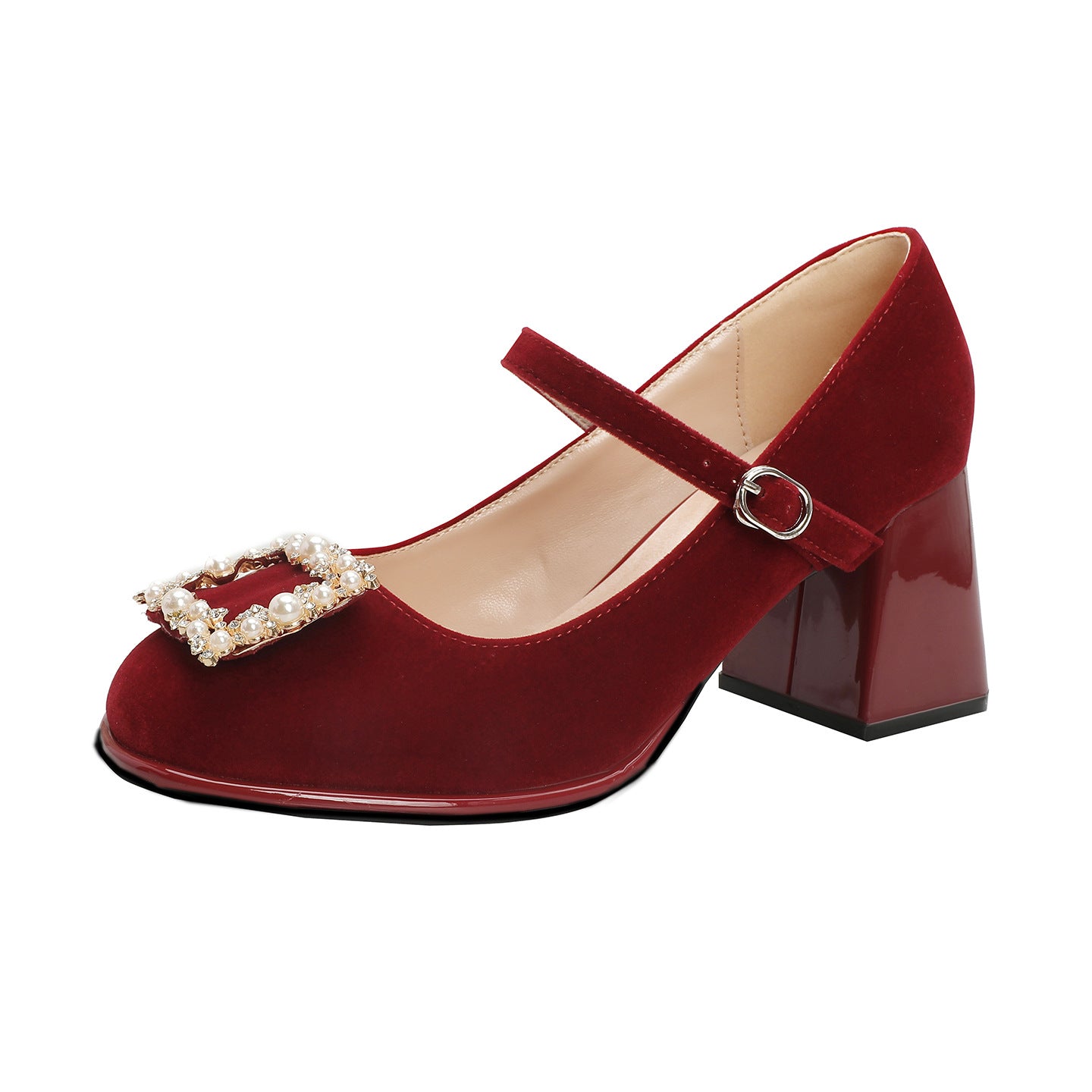 Women's Style Chunky High-grade Pumps Temperament Square Buckle Rhinestone Mary Jane Women's Fashion Shoes