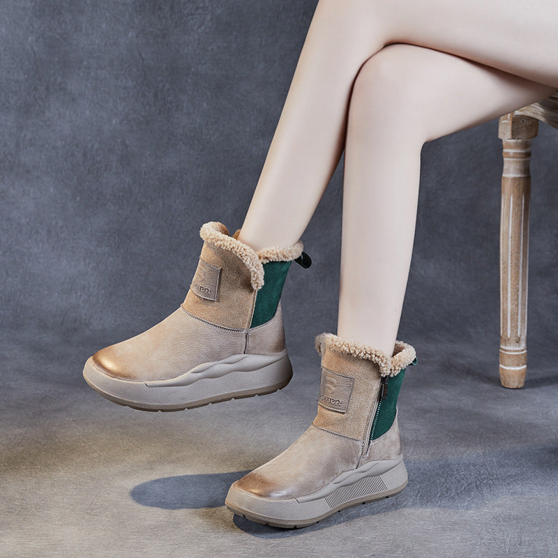Women's Color Matching Wool Mouth Thickened Top Layer Snow Boots