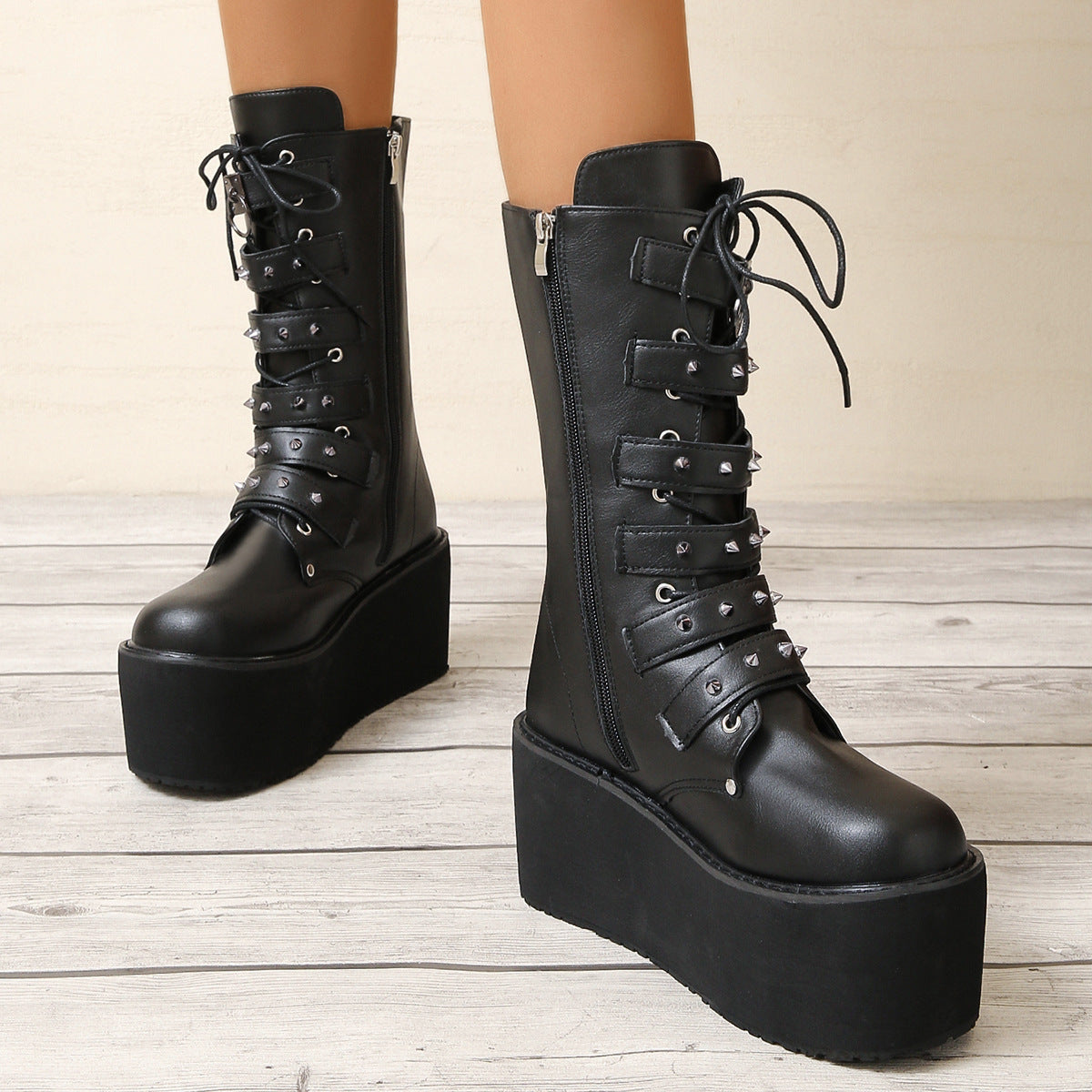 Women's Punk Rivet Riding Platform High Belt Boots