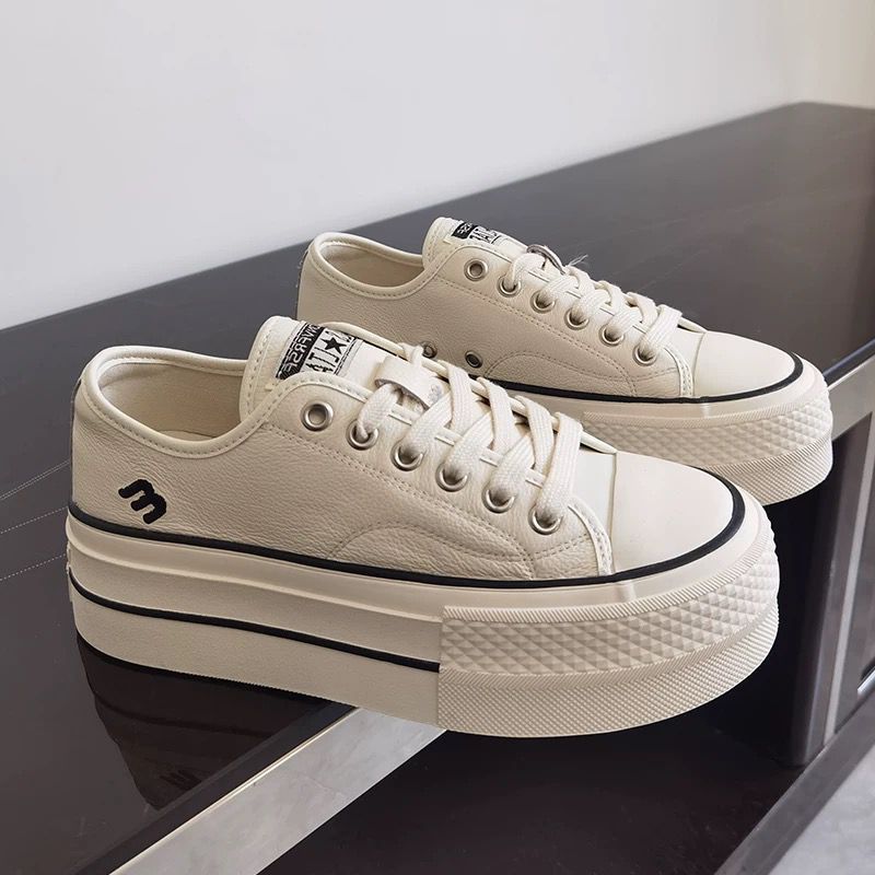 Women's Genuine Platform White Spring Lace Up Sneakers