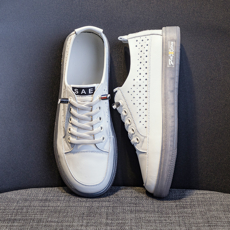 Women's Layer Cowhide Plus Size White Soft Sole Hollow Casual Shoes
