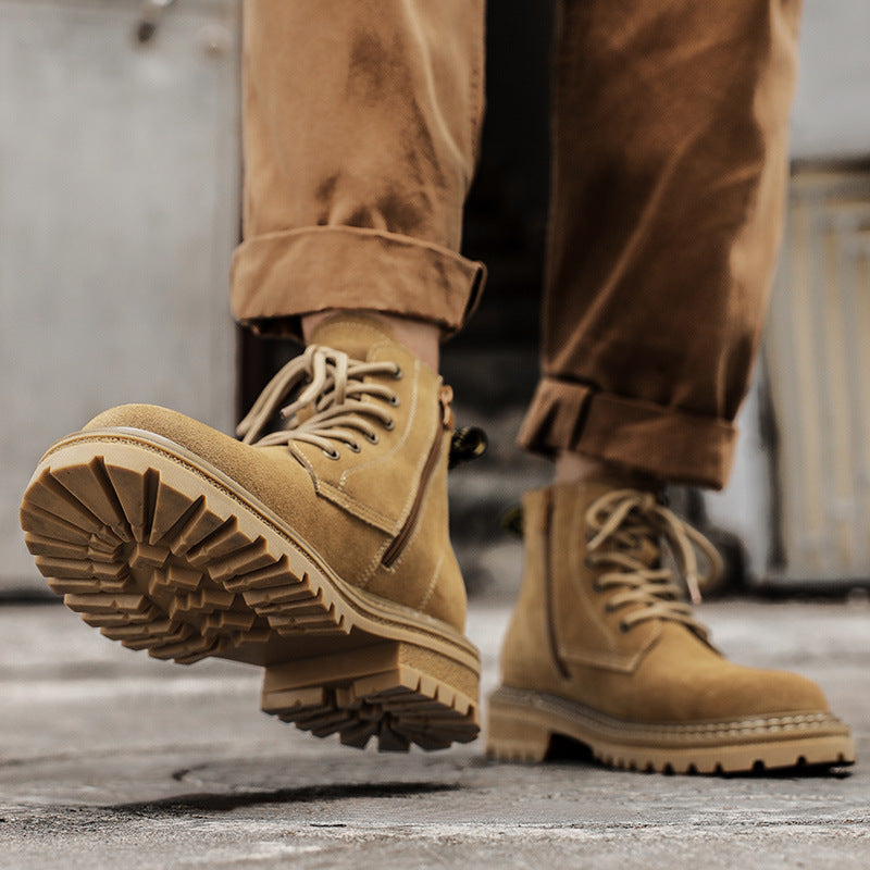Men's Side Zipper Working Middle High Top Genuine Men's Shoes