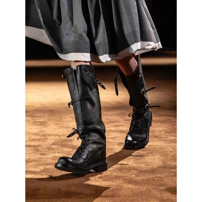 Women's Buckle Below The Knee Retro Lace Boots