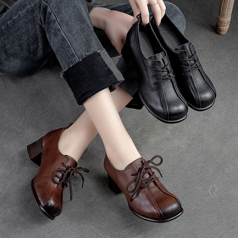 Women's & Men's First Layer Cowhide Round Head Chunky Casual Shoes