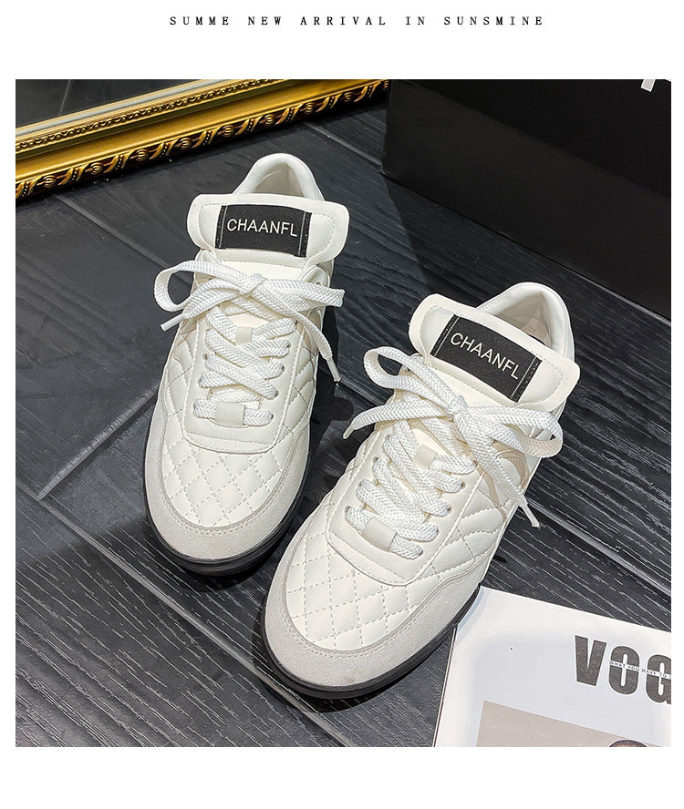 Women's Rhombus Korean Sports Flat White Thick-soled Sneakers