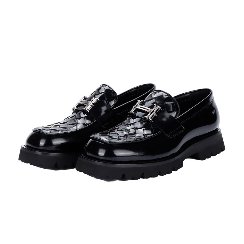 Men's Autumn Black Slit Beads Braided Business Leather Shoes