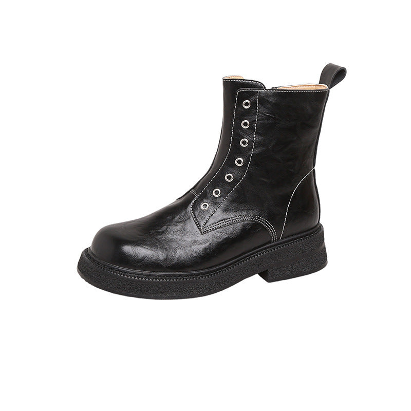 Women's Round Toe Side Zipper Machine Car Women's Leather Boots