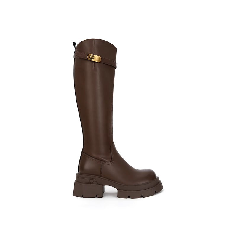 Small Golden Button Bevel Thick Bottom Boots
