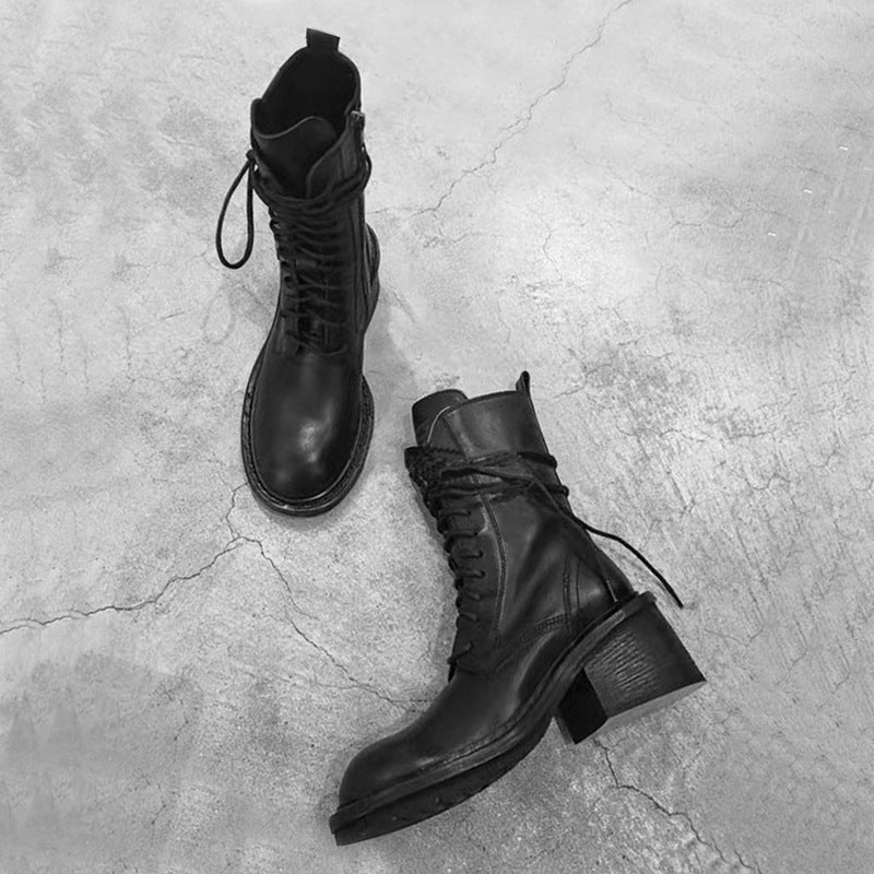 Trendy Martin Female Handsome British Style Middle Black Round Chunky Women's Leather Boots