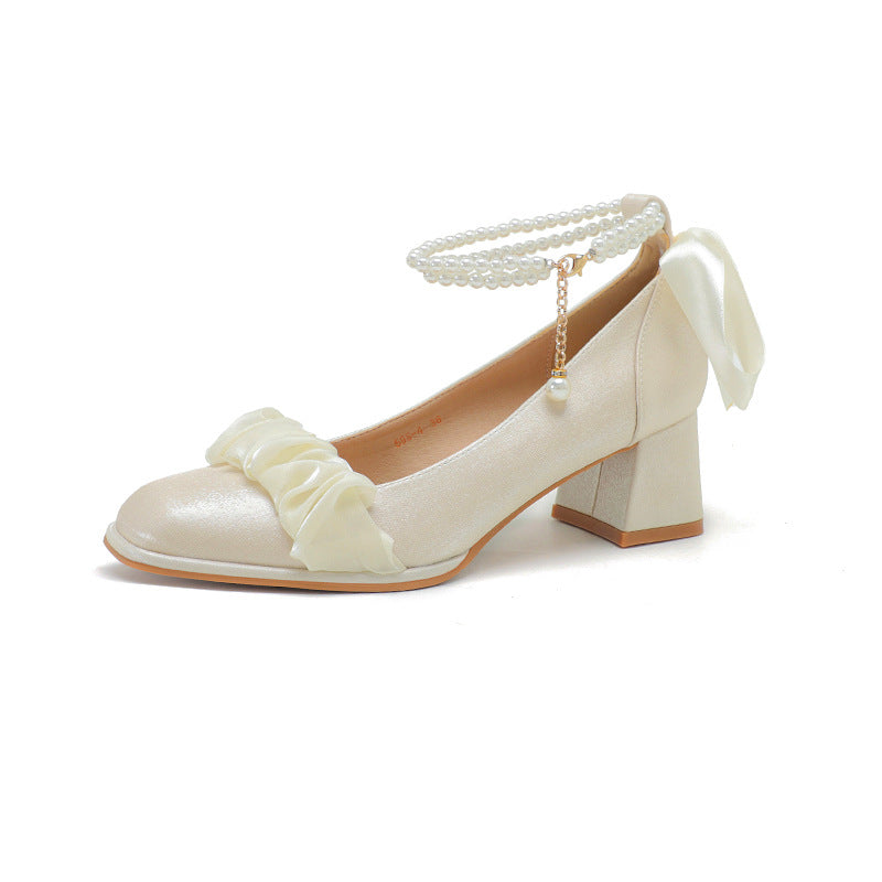 Women's Spring Chunky High Mary Jane Pearl Strap Women's Fashion Shoes